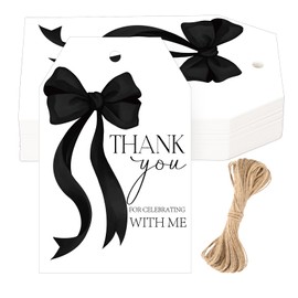 G2PLUS Black Bow Thank You Tags, Bowknot Gift Tags for Baby Shower, 50Pcs White Paper Thank You for Celebrating with Me Labels Hanging Tag for Bridal Shower, Wedding, Birthday Party Favors