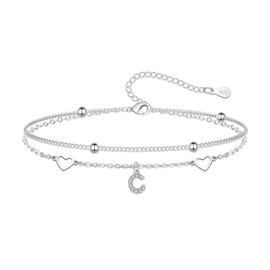 Hcvone S925 Bracelets for Women Girls Silver Heart Initial A-Z Bracelet Layered Bead Bracelets Jewellery For Friends Mum Daughter Sister (C)