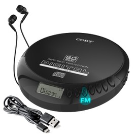 Coby CD191 Portable CD Player with Headphones, FM Radio and MP3 Compatible, LCD Display, 60-Second Anti-Skip Protection, Shockproof Design for Easy Travel, Includes Micro USB Cable for Charging