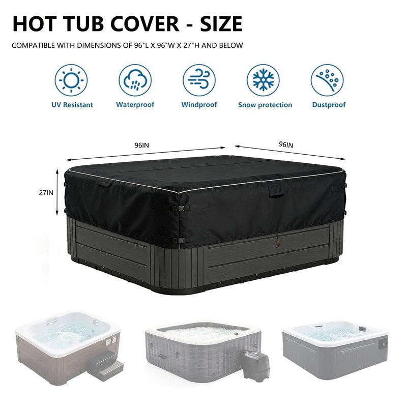 XCZ Heavy-Duty 600D Waterproof Square Hot Tub Cover - 96"