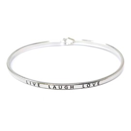 by you Inspirational Positive Quote Message Engraved Thin Cuff Bangle Hook Bracelet (LIVE LAUGH LOVE-SILVER)