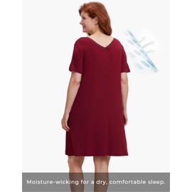 GYS Women's Bamboo Viscose Short Sleeve Nightgowns Soft Comfy V Neck Sleepshirts, Wine, Medium