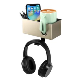 DramLan Desk Organizer with Headphone Hanger Desk Cup Holder for Desk Storage Beverages Phone Holder Clip on Desk Cup Holder Rotating Headphone Hanger and Detachable Desk Storage (Champaign Gold)