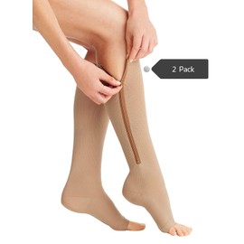 Zipper Compression Socks Toe Open for Varicose Veins and Edema, Unisex Zip Sox (2 Pack) (Nude, S/M)