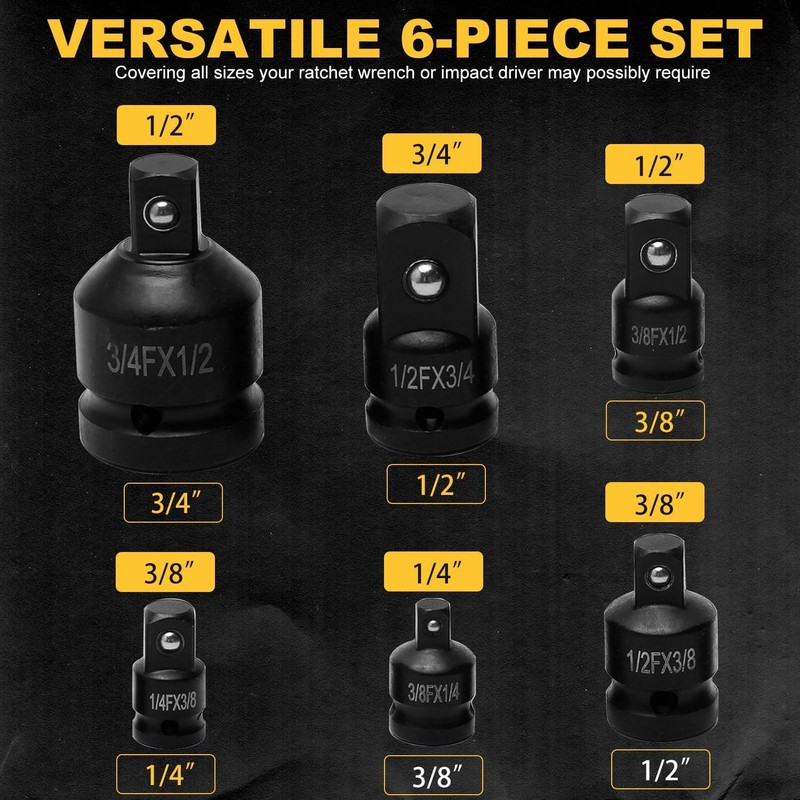 6 Piece Impact Socket Adapter and Reducer Set, 1/4" 3/8"
