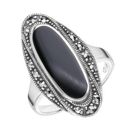 Esse Marcasite Sterling Silver Oval Black Onyx and Marcasite Art Deco Dress Ring - Size K