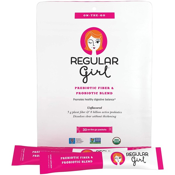 Regular Girl - Organic On The Go Powder, Low FODMAP Prebiotic Guar Fiber and Probiotic Support for Comfortable Digestion, 30 Packets