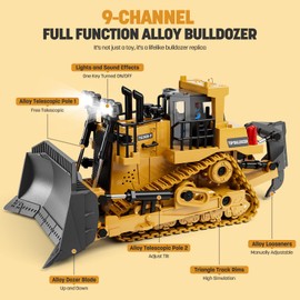 WELIN Remote Control Bulldozer Toys, 9-Channel RC Dozer with Metal Bulldozing Blade Alloy Looseners, Construction Vehicles with Lights and Sound, Birthday Gifts for Kids Boys Ages 3+