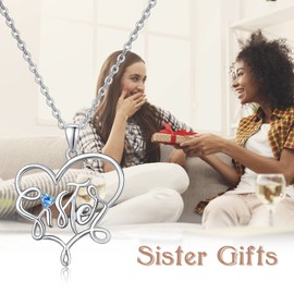KINGWHYTE Sister Necklace Always My Sister Forever My Friend 925 Sterling Silver Heart Shape Friendship Chain Gift for Sister Birthday Gift for Best Friends Women Girls, Sterling Silver, Cubic