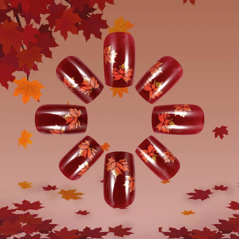 Burgundy Coffin Press-On Nails, 24-Piece Maple Leaf Glitter Nail Set