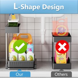 Oueah Under Sink Organizer and Storage, L-Shaped Bathroom Storage Cabinet with Basket, Multi-Purpose Sliding Cabinet Organizer for Kitchen Pantry Organization and Storage, Grey, 1 Pack