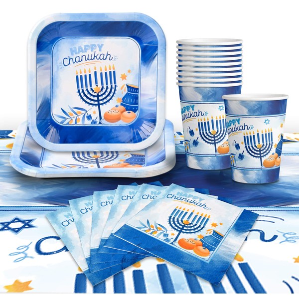 Hanukkah Plates And Napkins Set - Hanukkah Party Set - 7" And 9" Plates, Cups, Napkins and Tablecloth - Serves 8