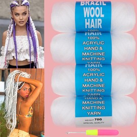 COOKOO 4 Roll White Brazilian Wool Hair Acrylic Yarn for African Crochet Hair Jumbo Braids Senegalese Twisting Knitting Hair Braids Faux locs Spiral Corkscrews Braids Twist Wraps 70G/Roll(White#)