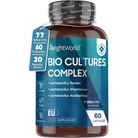Bio Cultures Complex Probiotics and Prebiotics - 77 Billion CFU - 20 Live Bacterial Cultures - 60 Probiotic Complex Capsules for Women & Men - Lactobacillus Acidophilus, Gasseri, Rhamnosus & Reuteri