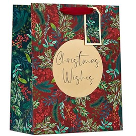 Design By Violet Holly Berry Floral Christmas Wishes Gift Bag with Red Handle and Gift Tag Xmas Gift Wrap Large