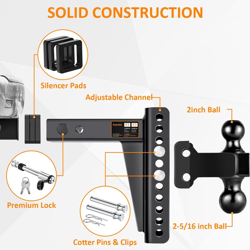 Adjustable Trailer Hitch -Drop Hitch-Tow Hitch Fits 2 inch Receiver-8inch