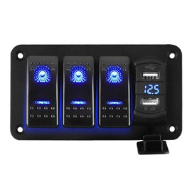 Switch Panel, Waterproof, Boat Switch, 3-gang Switch, Car, Boat, Marine, Rocker, Switch Panel, Switch, LED Circuit, Rocker Panel, On/Off Switch, LED Voltmeter Included, Dustproof, Power Socket, USB Socket, Dual USB Charger, Cigarette Lighter Switch, DC12-24V, Marine Supplies