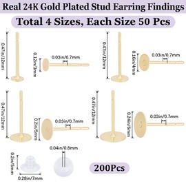 Beebeecraft 1 Box 200Pcs 4 Size Blank Post Earring 24K Gold Plated Stainless Steel Flat Round Earring Studs with 200Pcs Plastic Ear Nuts for DIY Stud Earrings Jewellery Making(Tray: 3/4/5/6mm)