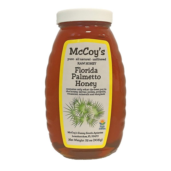 Raw Honey - Pure All Natural Unfiltered & Unpasteurized - McCoy's Honey Florida Palmetto Honey Jar 32oz