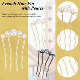 French Hair Pin with Pearl, Hapdoo 2PCS Metal Twist Hair Pins for Women Thick Fine Hair, Large French Clip Twist U Shaped Styling Pin for Girls