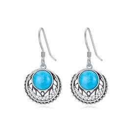 Boho Style Blue Turquoise Hook Earrings 925 Sterling Silver for Women