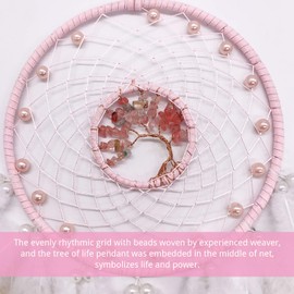 Dreamlike Tree of Life Dream Catcher Wall Decor Pink Dream Catcher with Healing Crystal Stone Handmade Feather Dreamcatchers Home Decor Wall Hanging for Girls Bedroom Living Room Wedding Party-25.6"