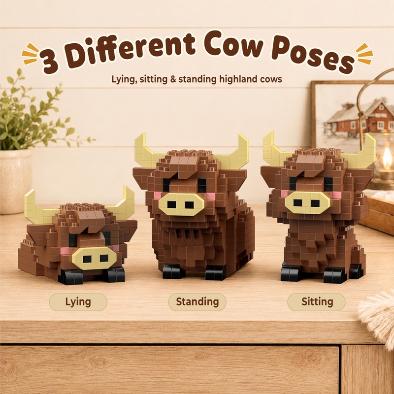IBLOTIME Highland Cow Micro Building Set, 3 Farm Animal Models