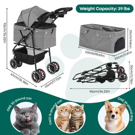 CHIHUAHUA 2-in-1 Foldable Pet Stroller with Canopy,3 Wheels Pet Strolling Cart for Small/Medium Dogs and Cats with Removable Carrier, Breathable Mesh,Cup Holders, Easy Assembly,Grey