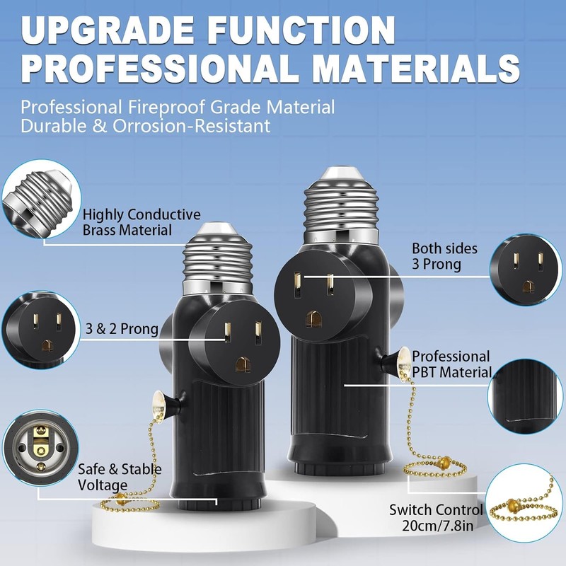 (3 Pack) Light Socket to Plug Adapter, Both Sides Support