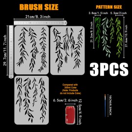 FINGERINSPIRE 3 PCS Willow Leaves Painting Stencil with a Paint Brush 8.3x11.7inch 3 Styles Weeping Leaves Stencil Leaves Vines Template for Painting on Wall Wood Furniture DIY Home Decoration
