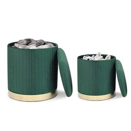 Adeco Round Velvet Storage Ottoman,Vanity Stool Chair,Upholstered Foot Rest Stool with Gold Plating Base for Living Room or Bedroom (Pack of 2), Small