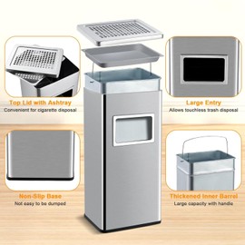 Vossfamul Stainless Steel Trash Can Outdoor Indoor, Industrial Garbage Enclosure Commercial Trash Can with Lid, Removable Inner Bucket & Ashtray Garbage Can for Office, Elevator Entrance, 8 Gallons