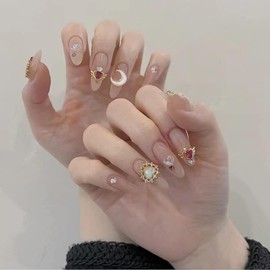 Nail Apparel Long Coffin Cute Kawaii Press on Nails 3D Cartoon Pink Glitter Rhinestone Heart Pearl Bow Long Ballet Trapezoid Fake Nails 24Pcs (Medium Almond Nude Rhinestone)