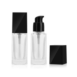 2Pcs 30ML/1oz Empty Square Clear Glass Lotion Pump Bottles with Black Pump Head Refillable Sample Emulsion Cream Foundation Cosmetics Makeup Storage Containers Dispenser Vials
