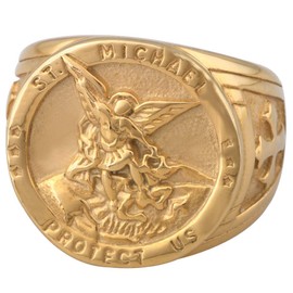 Dacai Golden Saints Michael The Archangel ST. Medal Stainless Steel Amulet Protection Mens Womens Cross Ring Size 11