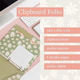 Steel Mill & Co Cute Decorative Hardcover 3 Ring Binder with Clipboard Folio Cover for Letter Size Paper, 1 Inch Round Rings, Dividers, Colorful Binder Organizer for School/Office (Daisy Floral Green)