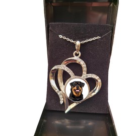 PJ4U Rottweiler Dog Pet Family Heart Shaped Silver Colour Necklace And Diamante Pendant And Gift Box