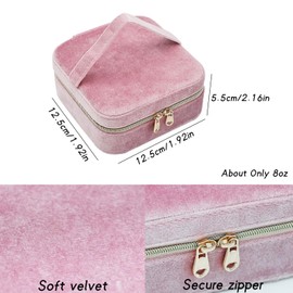 Cuifdem Travel Jewelry Case With Mirror Zipper, Velvet Small Jewelry Box for Women Girls, Square Portable Jewelry Organizer for Travel (Pink)