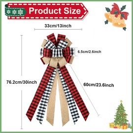 Large Christmas Tree Topper 13 x 30 Inch Red and Black Burlap Buffalo Plaid Bow Rustic Farmhouse Holiday Decoration for Wreaths, Garlands, Front Door, and Outdoor Decor