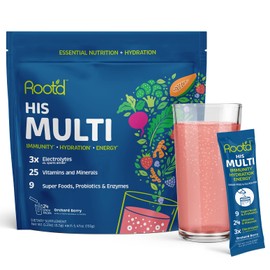 Root'd Multivitamin Powder with 3X Electrolytes for Men - 24 Vitamins & Minerals, 3X Electrolytes, 9 Superfoods, Probiotics & Enzymes, Sugar-Free Multivitamin & Hydration | 24 Packets