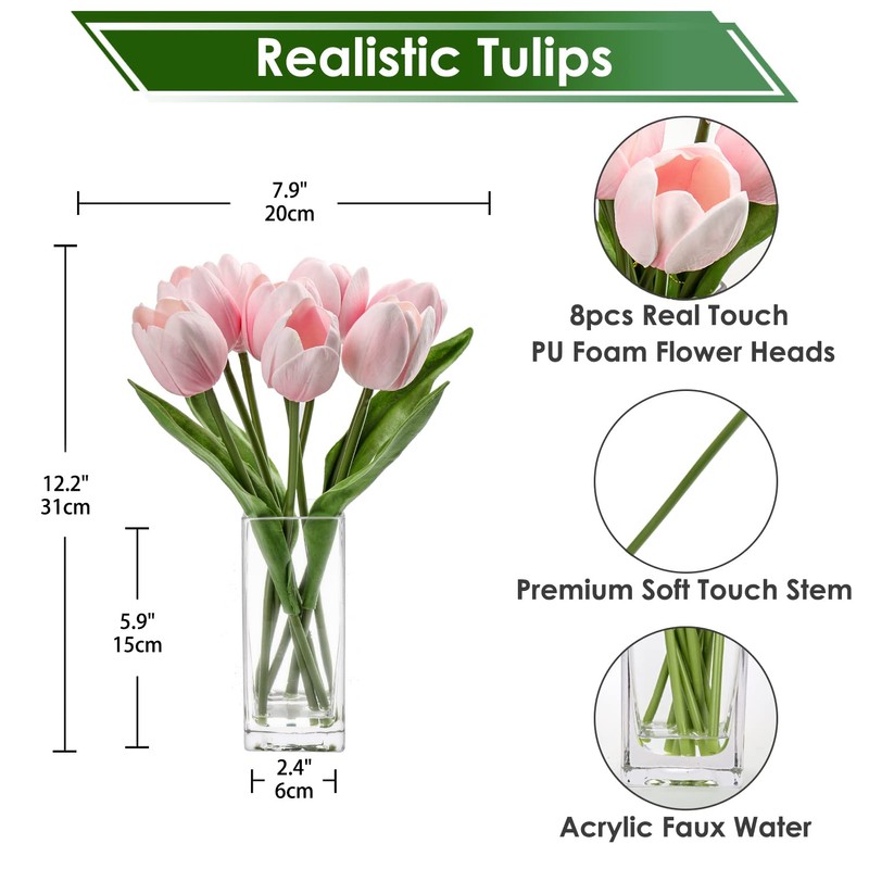 Briful Fake Flowers Artificial Tulip Flower Pink in Clear Vase,