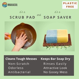 Marasol Soap Saver and Scrub Pad (4) | Plastic Free - Zero Waste | Coconut Fiber - Compostable | Bar Soap Saver - Keeps It Dry | Tough Non-Scratch Scour Pad | 4-Pack