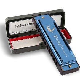 EVERJOYS Diatonic Harmonica 10 Hole Blue Harp Case, Polishing Cloth, Instructional C Tone (Blue)