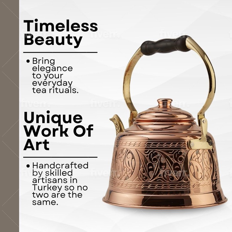 DEMMEX Heavy Gauge 1mm Thick Engraved Solid Copper Tea Pot