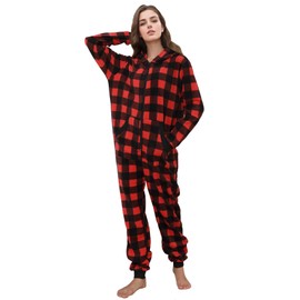 Focupaja Unisex Check Onesie Christmas Zip Up Matching Onesie Hooded Pajamas One Piece Non-Footed Jumpsuit Adult Women Men Red Black M