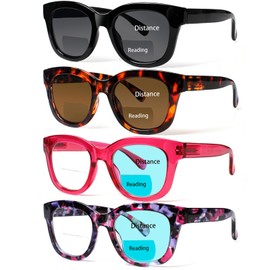 Henotin 4 Pack Bifocal Reading Glasses include Sun Readers for Women Oprah Style Square Blue Light Blocking Eyeglasses (Mix Color-1, 2.75, x)
