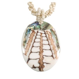 Oval Shell Pendant Antique White Glass Bead Twisted Rope Necklace in White/Brown/Abalone Colours - 44cm Long