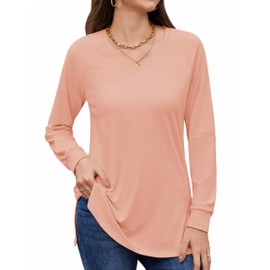 YUCOLEN Women’s Long Sleeve Tunic Fall Tops V Neck Loose Fit Side Split T-Shirts 2025 Dressy Casual Pullover Basic Tee,Pink,2XL
