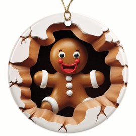 Gingerbread Breakout Christmas Ornament - 3D Breakout Gingerbread Man - 2.8" Round - Premium Glossy Ceramic with UV Printed Design - Gold String Included - Perfect Holiday Décor - BMCO0060