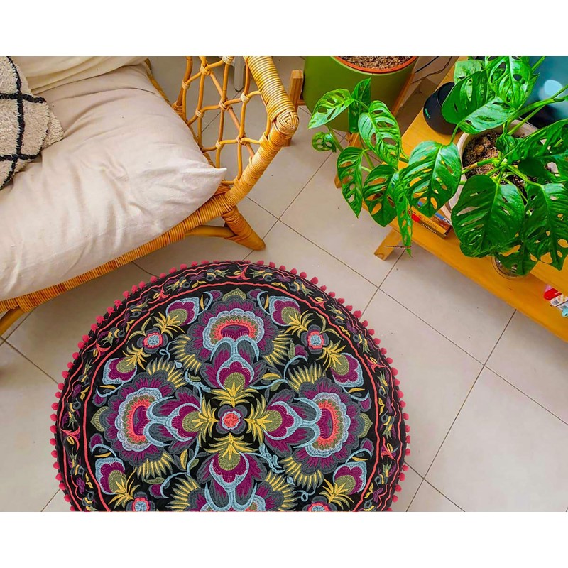 Black Round Pouf Ottoman Cover with Velvet Embroidery - Soft